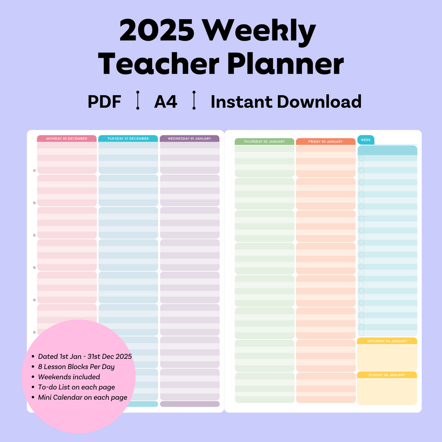 2025  Printable Colourful Weekly Teacher Planner