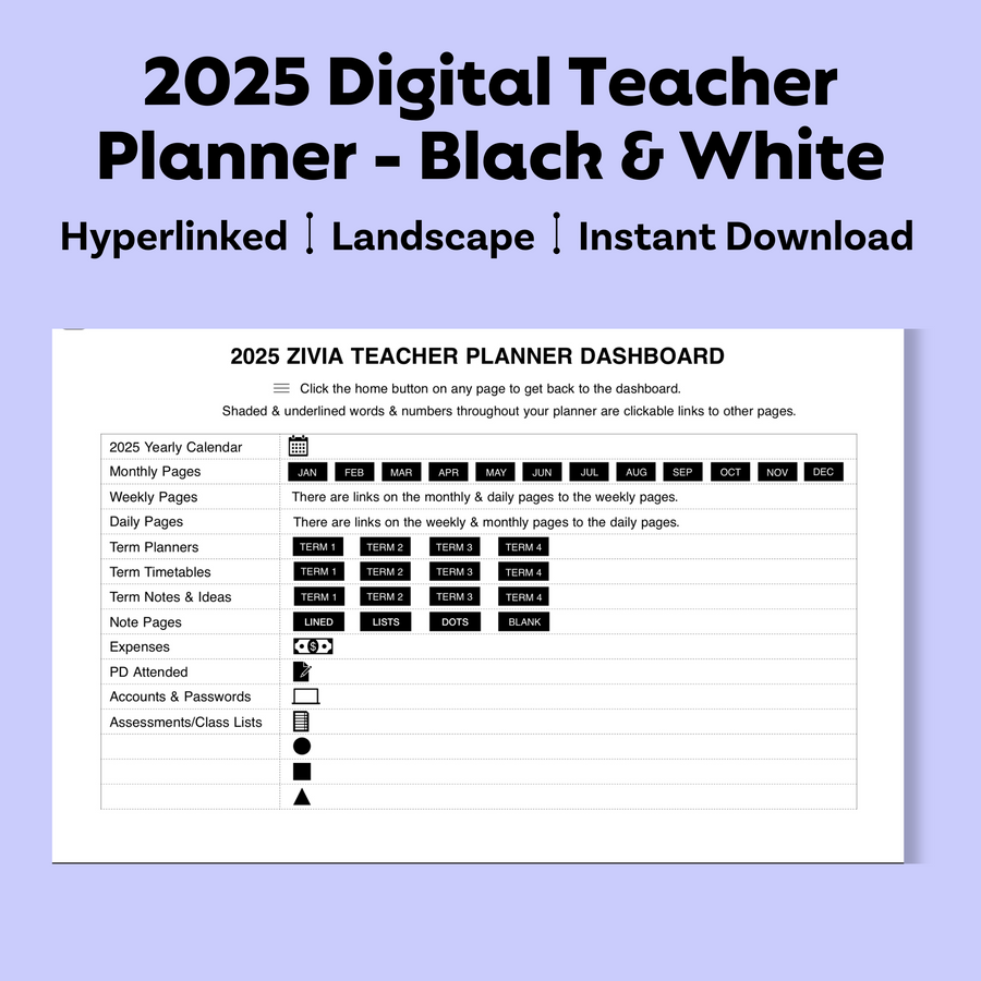 2025  Digital Teacher Planner - Monthly, Weekly & Daily - Black & White