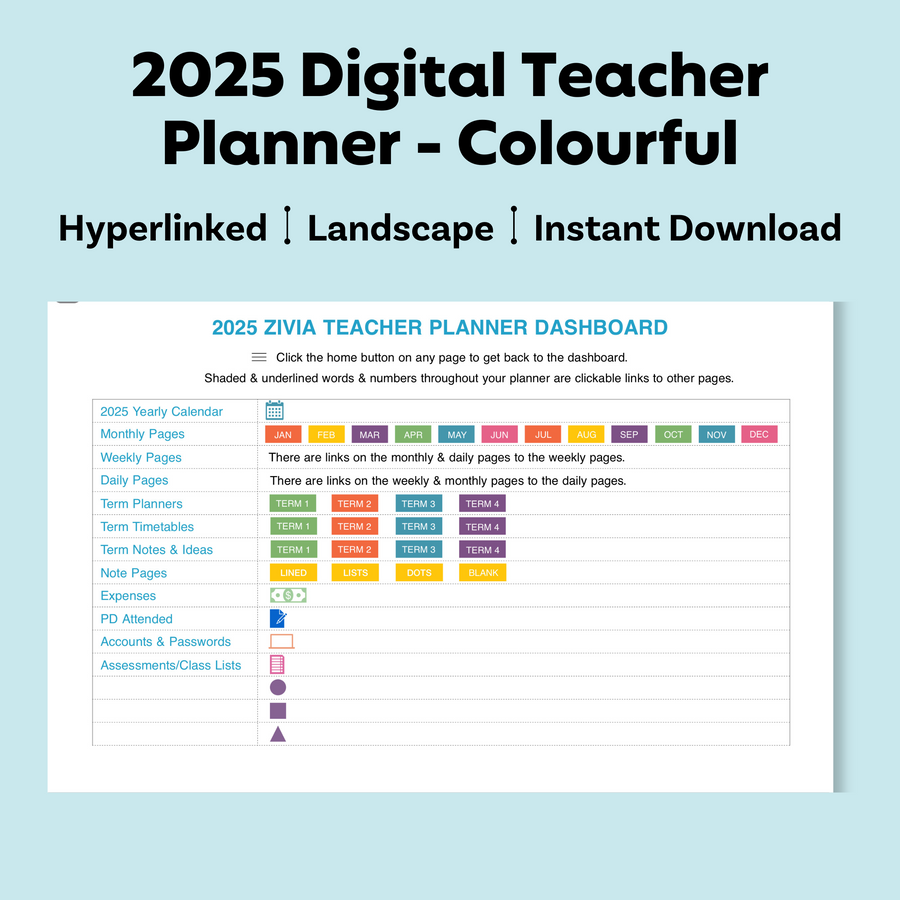 2025  Digital Teacher Planner - Monthly, Weekly & Daily - Colourful