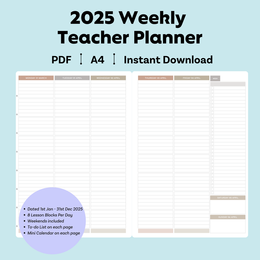 2025  Printable Neutral Weekly Teacher Planner