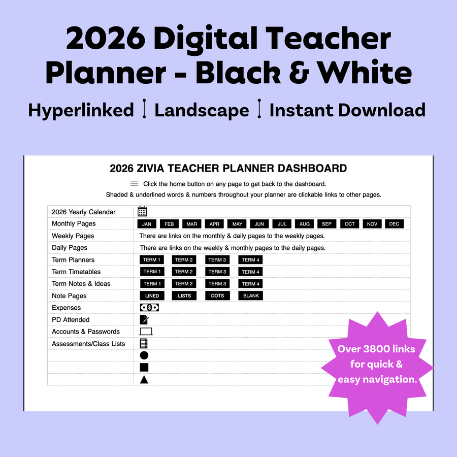 2026 Digital Teacher Planner | Monthly, Weekly & Daily | Black & White
