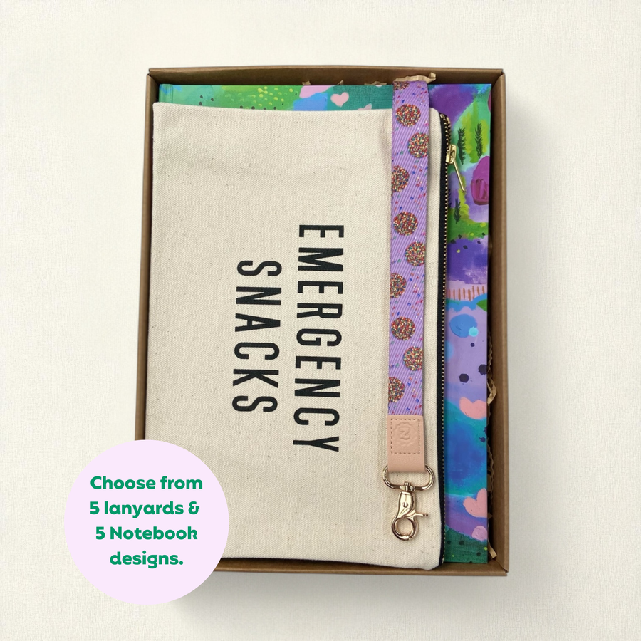 Teacher Gift Box | A4 Hardcover Notebook, Lanyard & Canvas Emergency Snack Pouch