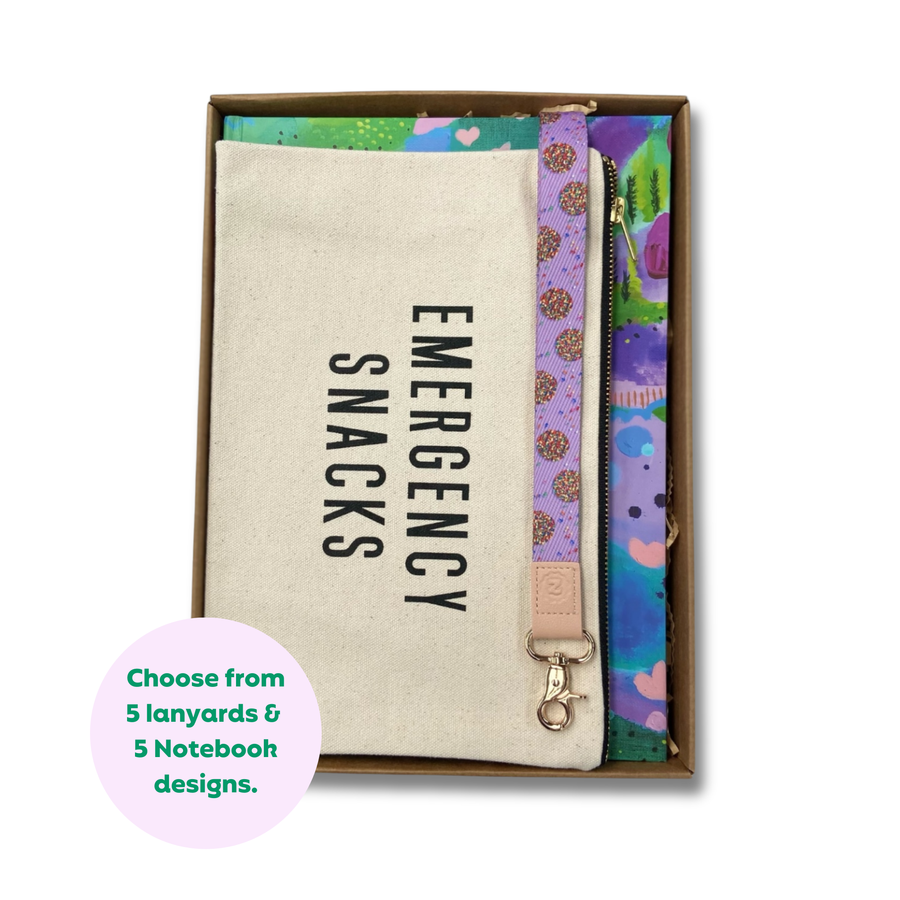Teacher Gift Box | A4 Hardcover Notebook, Lanyard & Canvas Emergency Snack Pouch